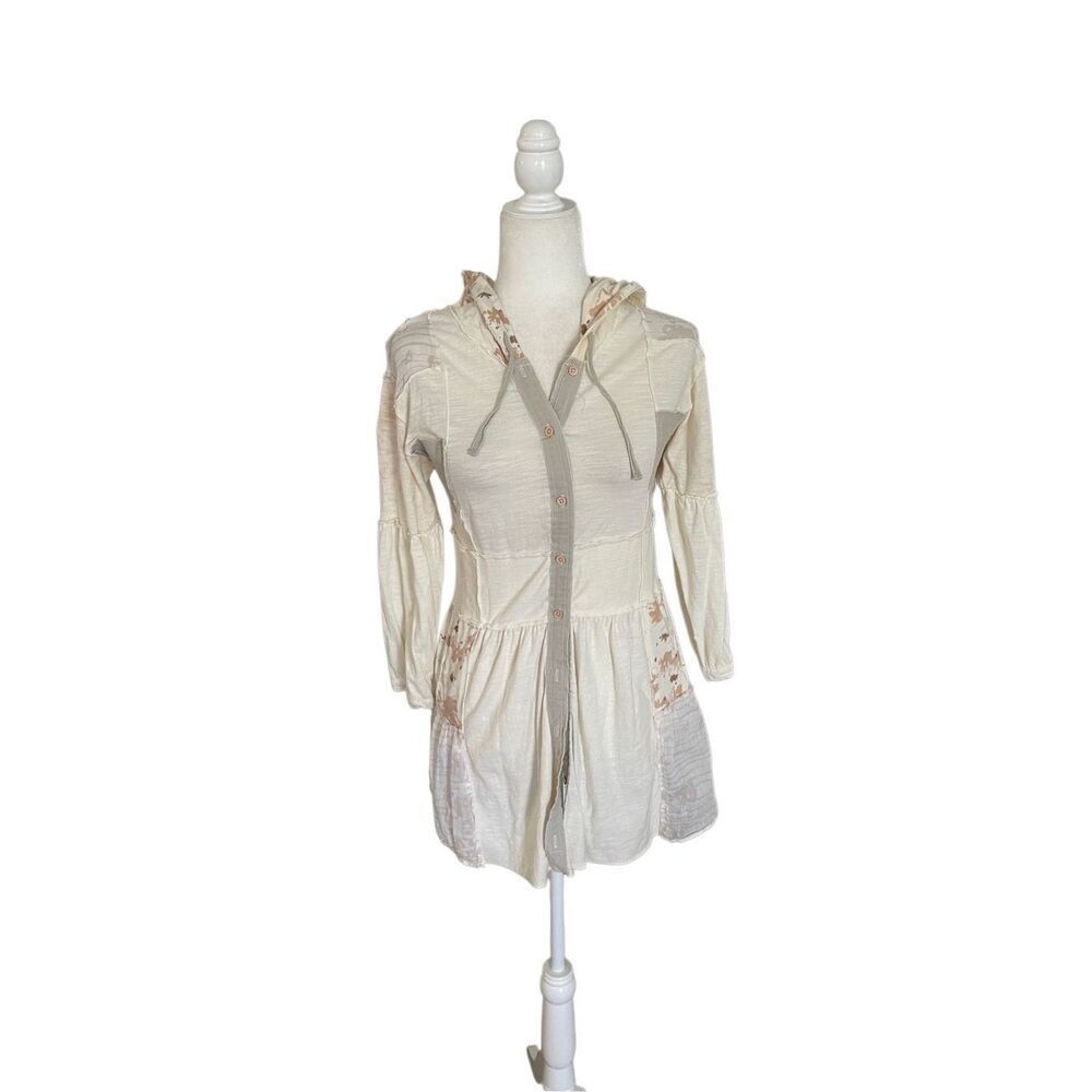 Free People Patchwork Button Down Hoodie Top Size… - image 1